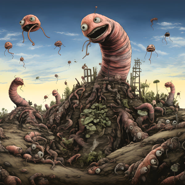 Vinyl Decal, Surreal Swarm of Pink Worms with Googly Eyes in a Dirt Landscape with Flying Worms (5" 