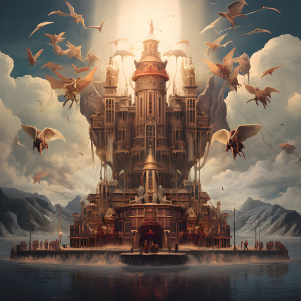 Vinyl Decal, Golden Sky City Castle Fantasy Artwork Print, Majestic Flying Citadel with Dragons (5" 
