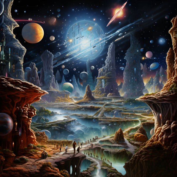 Vinyl Decal, Endless Universe Sci-Fi Fantasy Digital Art Print, Mystical Planets & Towering Rock For