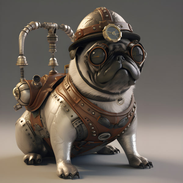 Vinyl Decal, Steampunk Pug Dog Figurine with Goggles and Gear, Retro Victorian Style Mechanical Anim