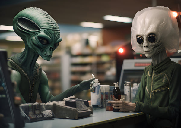 Vinyl Decal, Green & Grey Alien Figures At Store Counter - Sci-Fi Collectible Decor, Unique Extrater