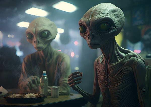 Vinyl Decal, Two Realistic Grey Alien Figures Enjoying a Meal at a Diner Table, Detailed Sci-Fi Art 