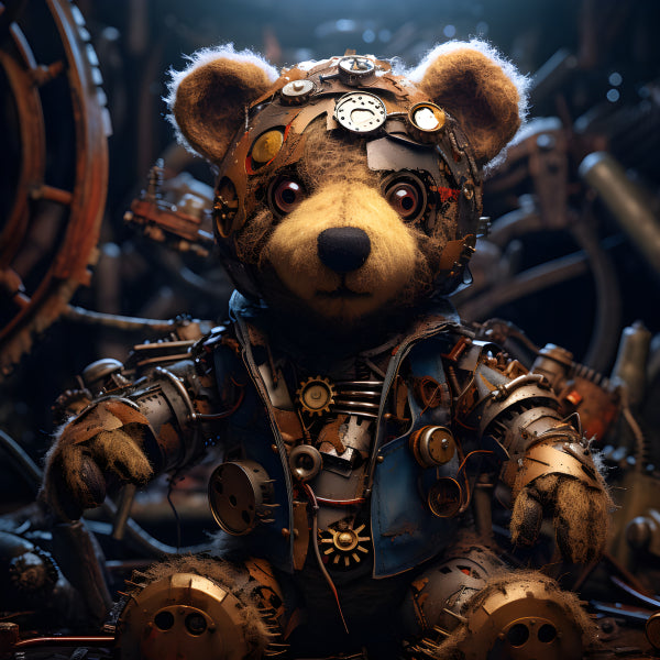 Vinyl Decal, Steampunk Teddy Bear Collectible Figurine, Unique Rustic Metal & Fur Design (5" x 7")