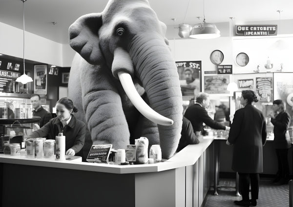 Vinyl Decal, Black & White Photograph of a Giant Elephant Inside a Busy Cafe with Customers and Staf