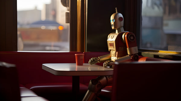 Vinyl Decal, Vintage Style Robot Figurine Sitting Alone in a Diner Booth with Red Cup, Collectible S