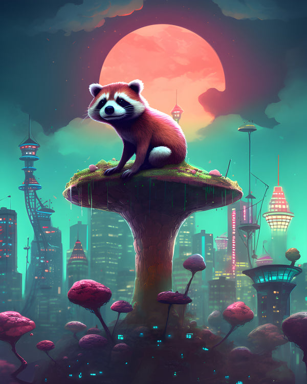 Vinyl Decal, Whimsical Red Panda on Giant Mushroom in Cyberpunk City, Large Red Moon Background, Fan