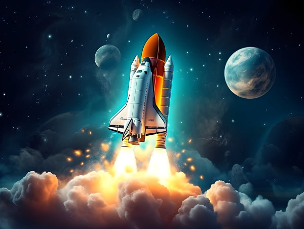 Vinyl Decal, Space Shuttle Launch into Deep Space with Planets and Stars, Majestic Universe Explorat