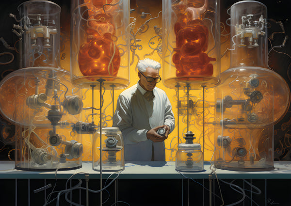 Vinyl Decal, Lone Scientist's Quest for Nascent Life Amidst Futuristic Machinery and Glowing Beakers