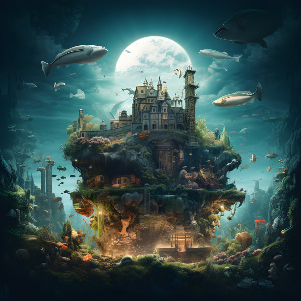 Vinyl Decal, Mystical Floating Castle Island with Sky Fish and Underwater Elements Fantasy Digital P