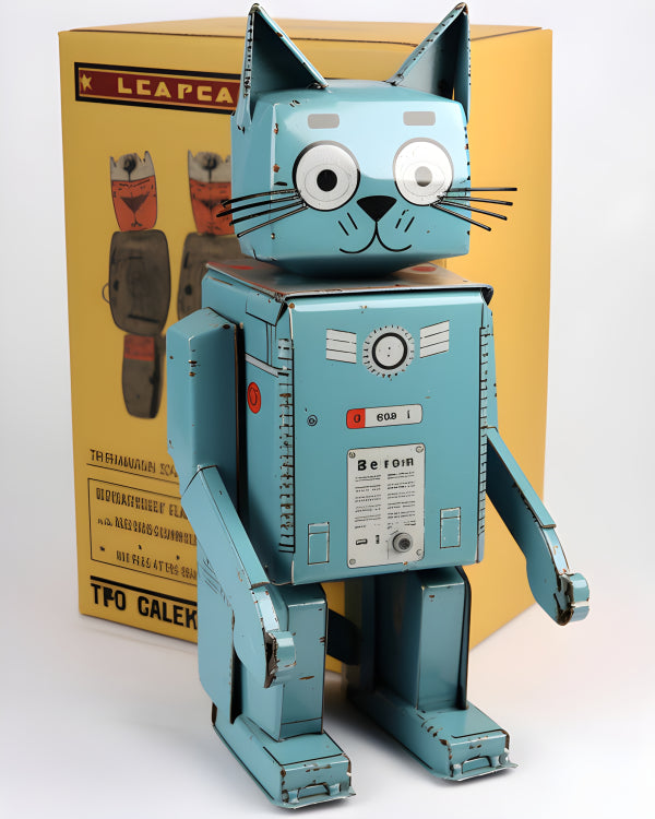 Vinyl Decal, Light Blue Tin Robot Cat, Retro Vintage Style Wind-Up Collectible Figure (5" x 7")