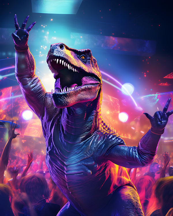 Vinyl Decal, Epic T-Rex Dinosaur Partying at a Rock Concert with Neon Lights and Music (5" x 7")