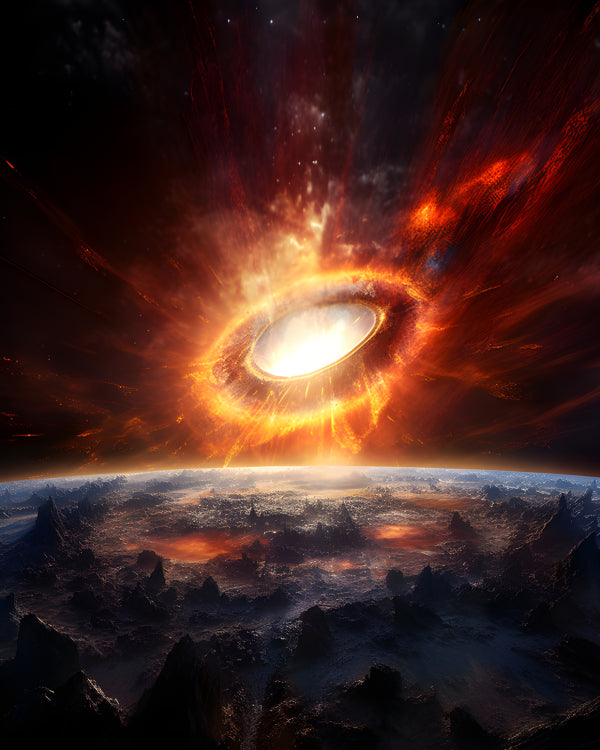 Vinyl Decal, Stunning Cosmic Collision Artwork, Vibrant Orange and Red Space Explosion, Dramatic Pla