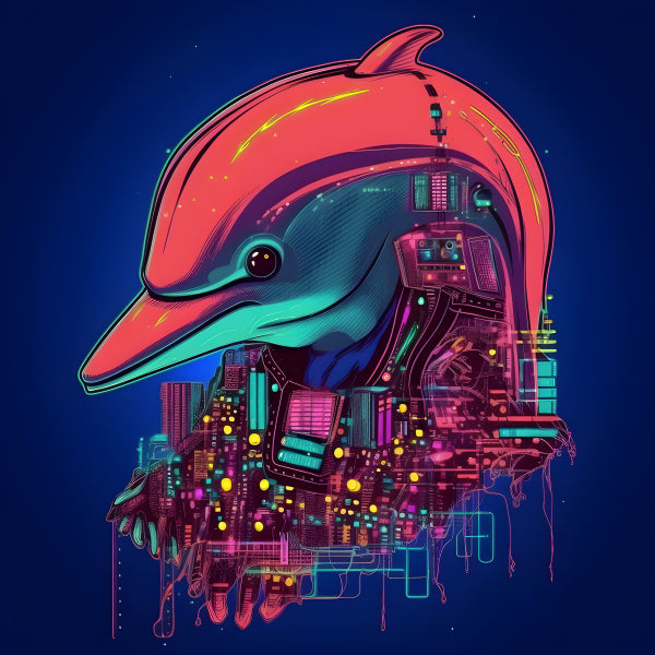 Vinyl Decal, Cyborg Dolphin Cyberpunk Cityscape Neon Art Print Wall Decor (5" x 7")