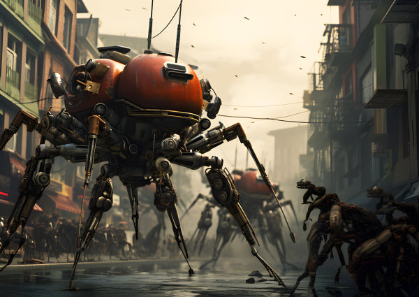Vinyl Decal, Giant Sci-Fi Spider Robot Mecha Stomping Through Post-Apocalyptic City Street, Futurist