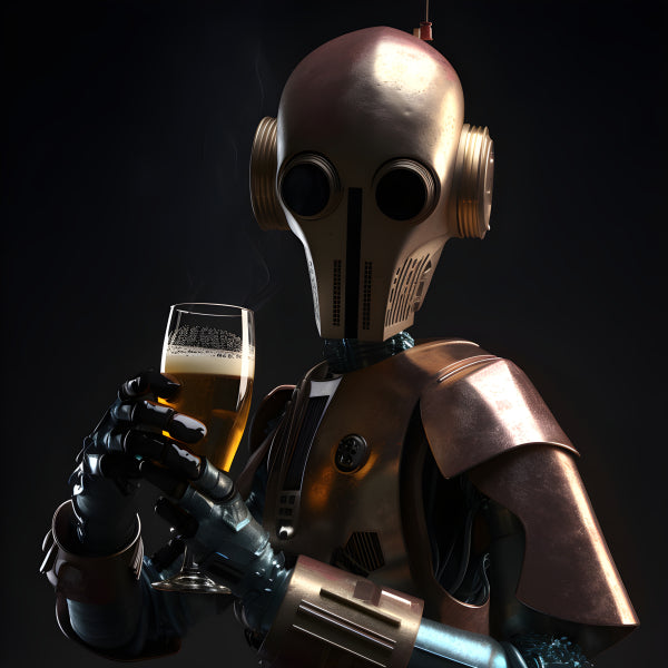 Vinyl Decal, Vintage Steampunk Robot Android Enjoying a Glass of Beer in a Dark Setting (5" x 7")