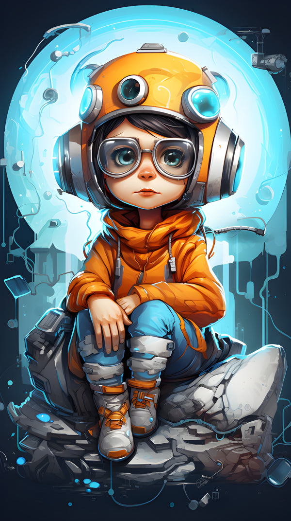Vinyl Decal, Adorable Anime Style Girl Character Illustration with Orange Hoodie Helmet and Glasses 