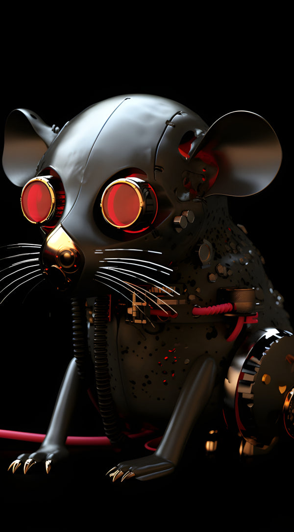 Vinyl Decal, Steampunk Robotic Rat Figurine with Glowing Red Eyes and Metallic Finish, Unique Collec
