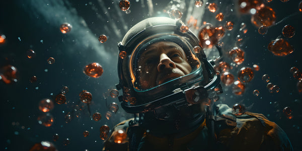 Vinyl Decal, Astronaut in Space Surrounded by Mysterious Floating Red Bubbles (5" x 7")