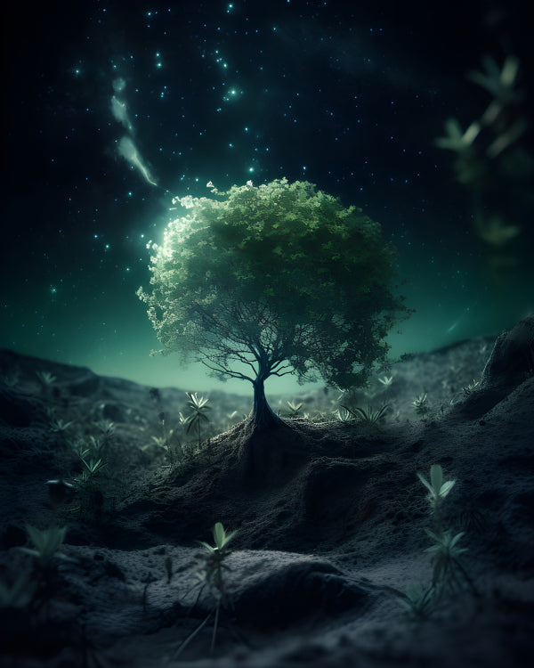 Vinyl Decal, Glowing Tree Under Starry Night Sky | Mystical Artwork Print (5" x 7")