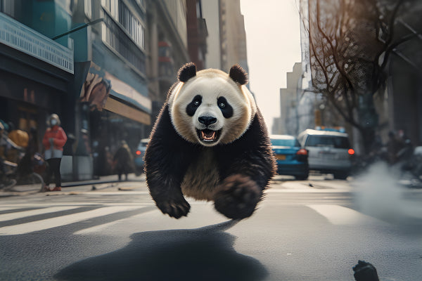 Vinyl Decal, Playful Panda Bear Jumping in City Street (5" x 7")