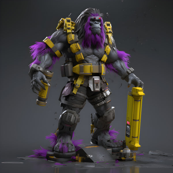 Vinyl Decal, Armored Gorilla Man Action Figure Collectible Sci-Fi Character Purple Hair Yellow Gear 