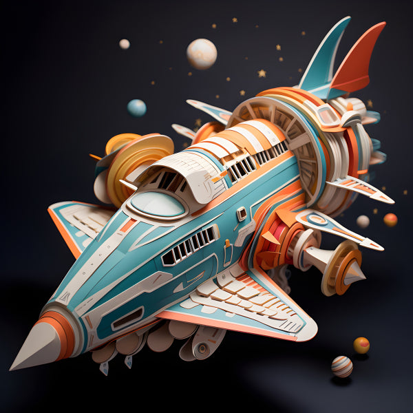 Vinyl Decal, Vibrant Teal Orange Papercraft Spaceship Model 3D Space Rocket Art for Room Decor Sci-F