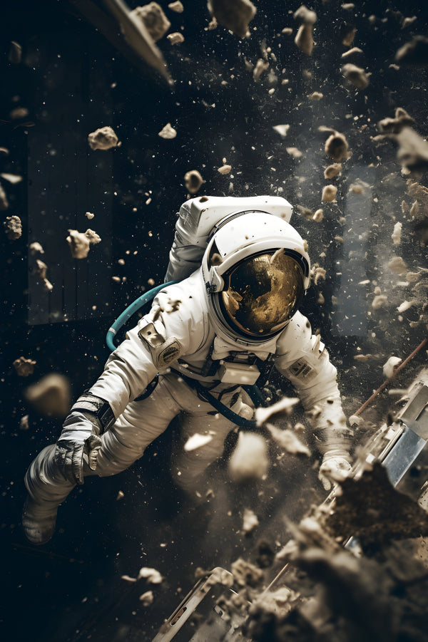 Vinyl Decal, Astronaut Spaceman in Outer Space Amidst Debris (5" x 7")