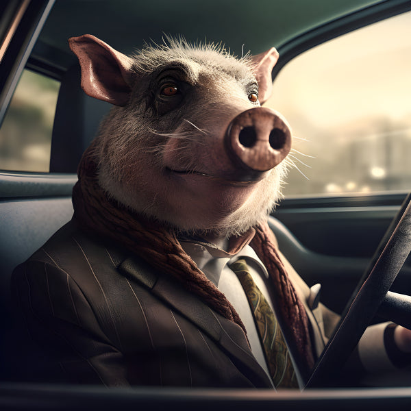 Vinyl Decal, Pig in Business Suit Driving a Car (5" x 7")