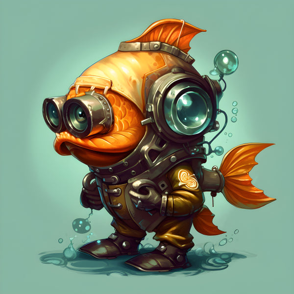 Vinyl Decal, Steampunk Goldfish Figurine Decorative Collectible Art Piece Unique Aquatic Diver Chara