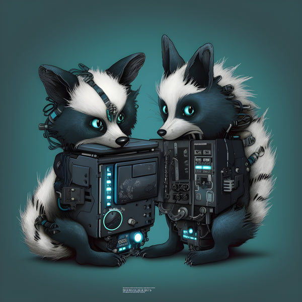 Vinyl Decal, Adorable Cybernetic Raccoons Unique Sci-Fi Animal Character Wall Art Print (5" x 7")