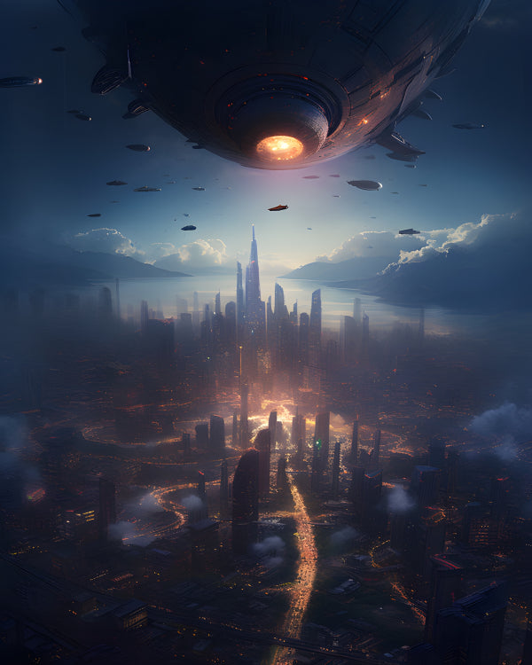Vinyl Decal, Cityscape with Flying Alien Spaceships Above, Digital Art Print (5" x 7")