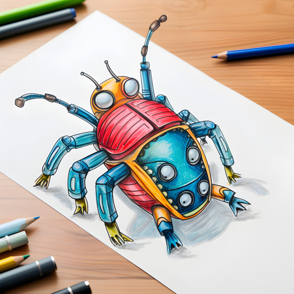Vinyl Decal, Vibrant Hand-Drawn Robotic Beetle Art Print, Colorful Insect Illustration (5" x 7")