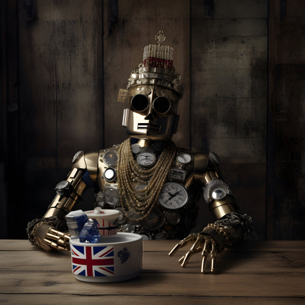 Vinyl Decal, Regal Gilded Steampunk Robot King Figure with Ornate Crown and Union Jack Bowl Accent (
