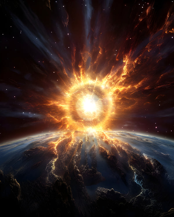 Vinyl Decal, Cosmic Supernova Explosion Near Planet, Vibrant Orange & Yellow Starburst in Deep Space