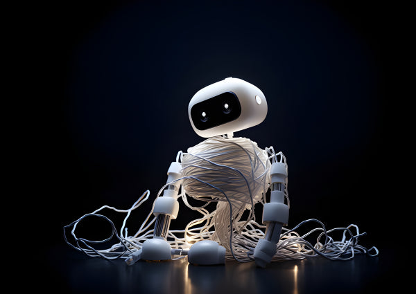 Vinyl Decal, Cute White Robot Figurine Wrapped in USB Cables, Perfect for Desk Decor (5" x 7")