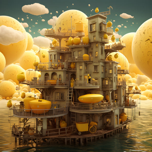 Vinyl Decal, Whimsical Floating Lemon House Art Print, Unique Fantasy Architecture Decor, Vibrant Ye
