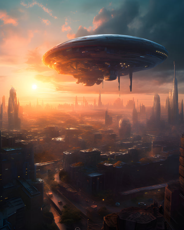 Vinyl Decal, Futuristic City Sunset with Hovering Spaceship Art Print (5" x 7")