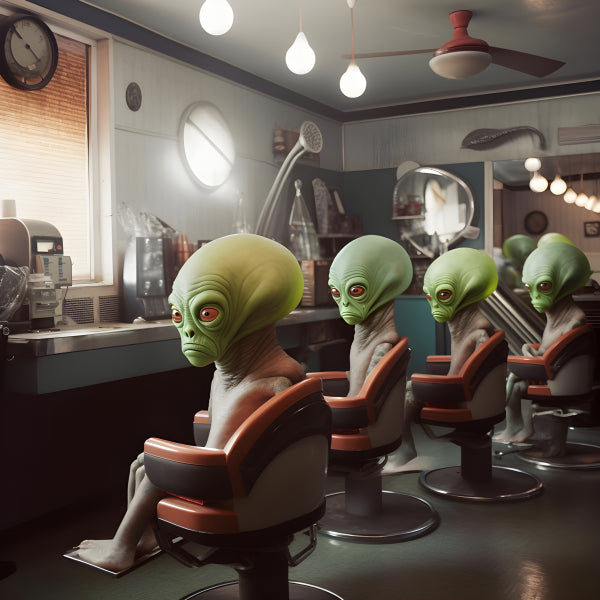 Vinyl Decal, Alien Barbershop Haircut Scene (5" x 7")