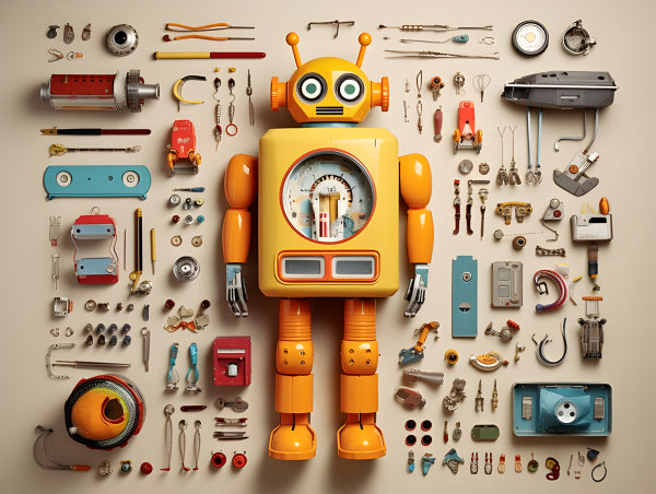 Vinyl Decal, Yellow Robot Toy Kit with Interchangeable Parts & Accessories (5" x 7")
