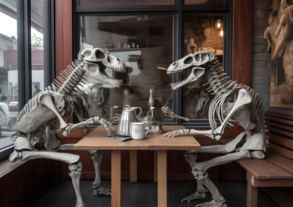 Vinyl Decal, Two Dinosaur Skeletons Enjoying Coffee (5" x 7")