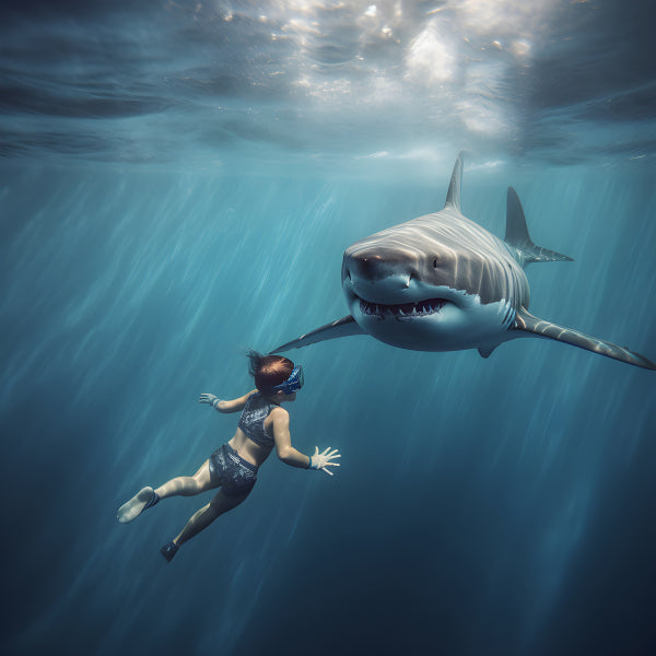 Vinyl Decal, Child Swimmer Meets Great White Shark (5" x 7")