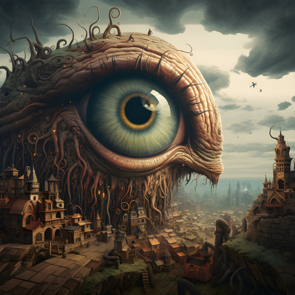 Vinyl Decal, Surreal Giant Eye Over Fantasy Village Artwork Print (5" x 7")