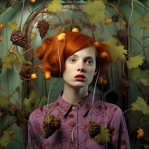 Vinyl Decal,Red Haired Woman With Grape Vines Whimsical Portrait Wall Art Poster Print, 5 x 7 or 8 x