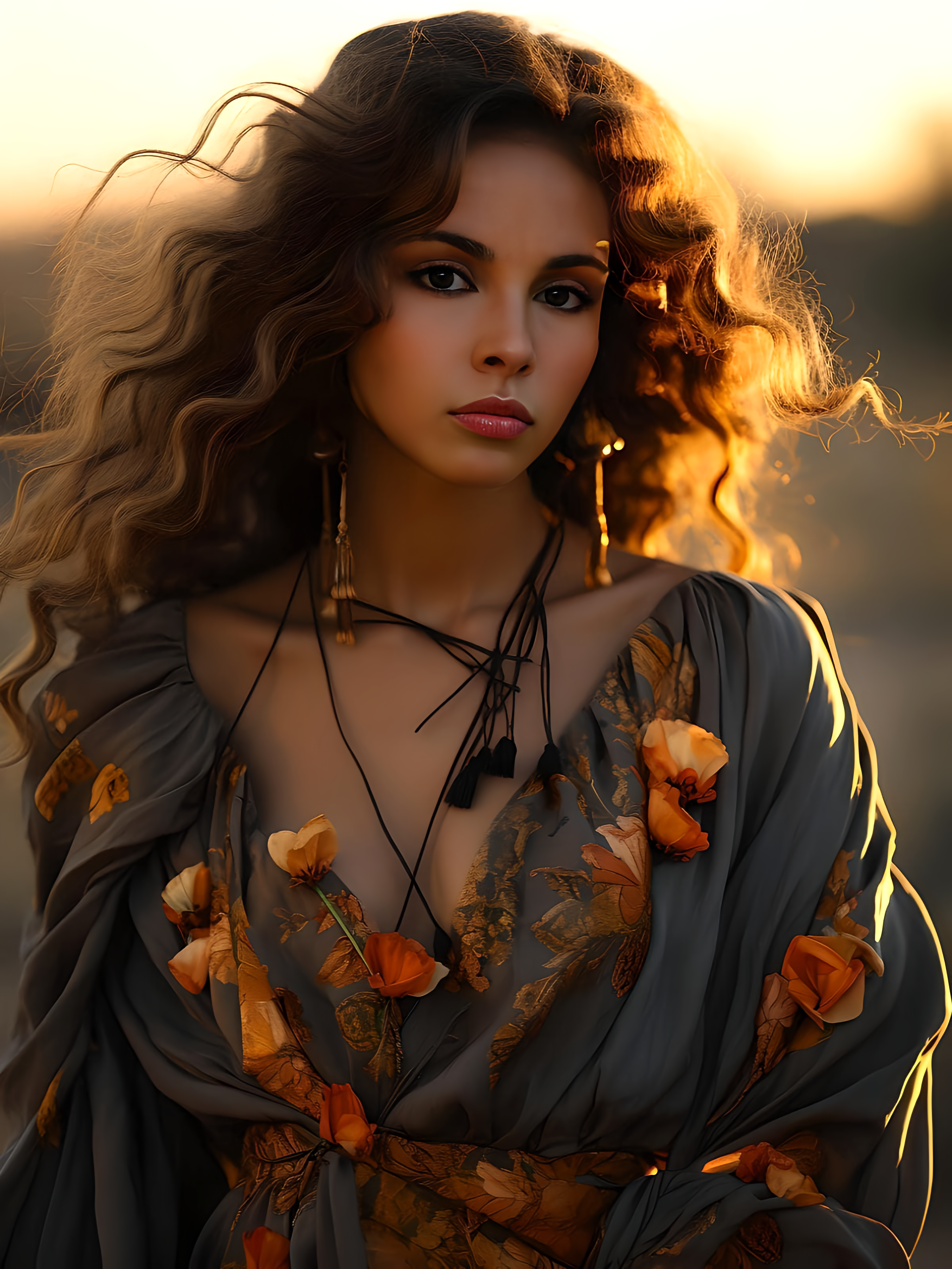 Vinyl Decal,Bohemian Sunset Beauty Portrait Elegant Floral Dress Wall Art Poster, 5 x 7 or 8 x 10 In