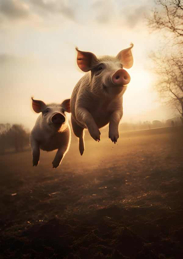 Vinyl Decal, Two Happy Pigs Jumping and Running in a Sunny Farm Field (5" x 7")