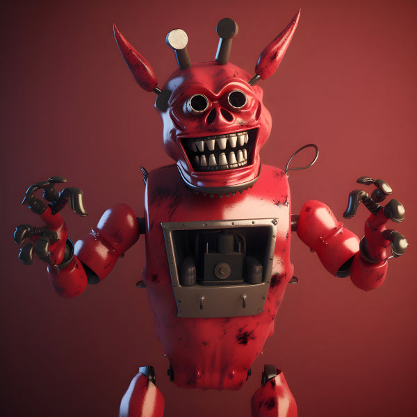 Vinyl Decal, Scary Red Robot Figure with Sharp Teeth and Claws (5" x 7")