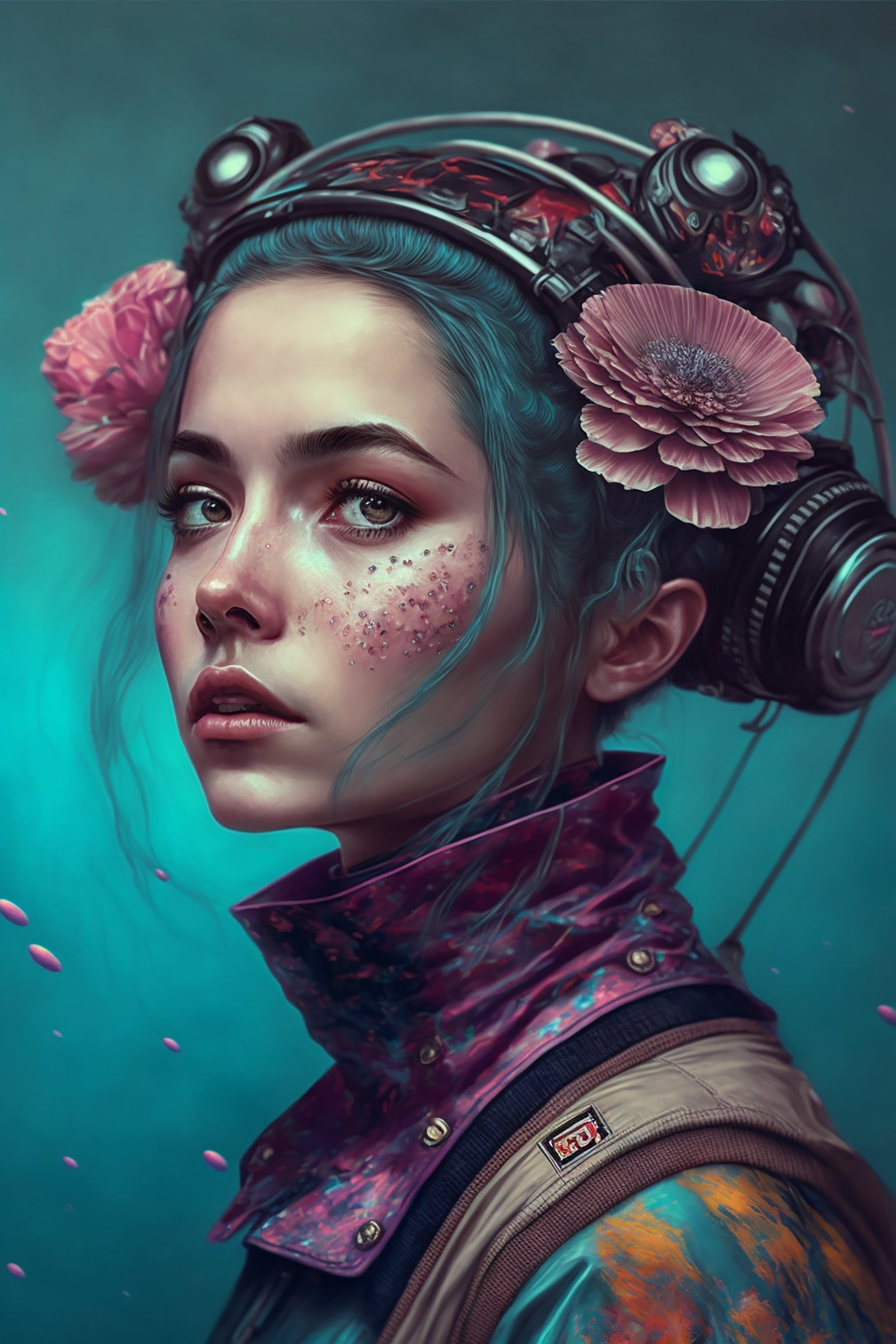 Vinyl Decal,Woman Wall Art Poster Steampunk Girl Teal Hair Freckles Floral Headphones Modern Home De