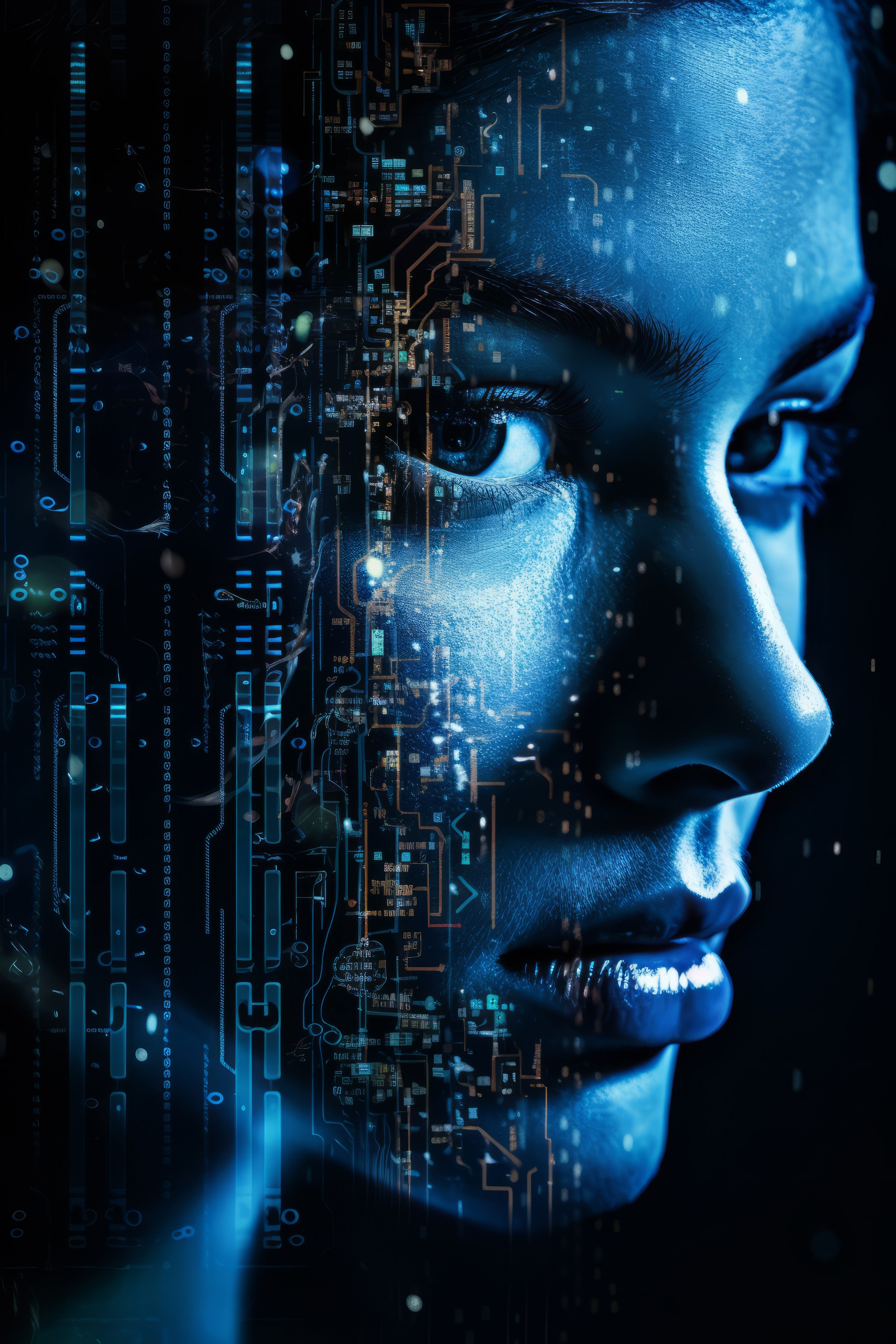 Vinyl Decal,Futuristic AI Human Face Wall Art Poster Digital Technology Circuitry Print , 5 x 7 or 8