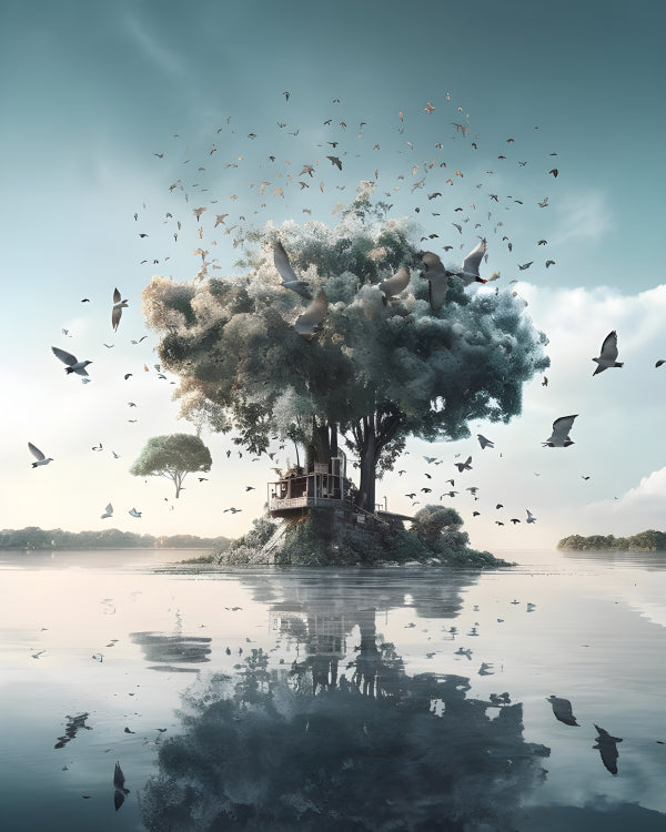 Vinyl Decal, Ethereal Floating Tree Island with Flying Birds (5" x 7")