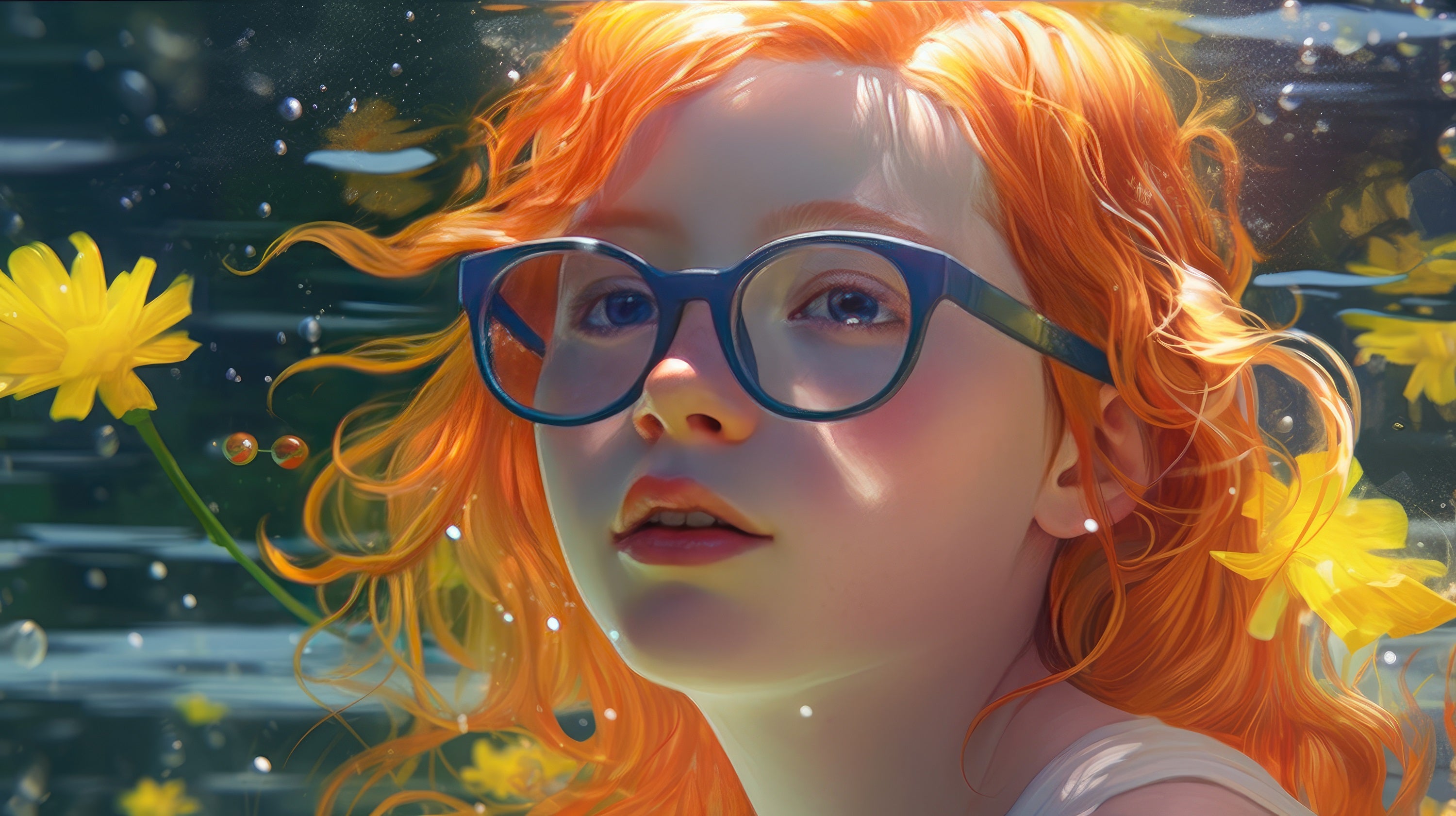 Vinyl Decal,Vibrant Orange Haired Girl with Blue Glasses Underwater Wall Art Poster, 5 x 7 or 8 x 10
